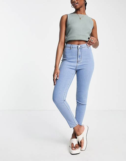 DTT Chloe high waisted disco stretch skinny jeans in light wash blue 