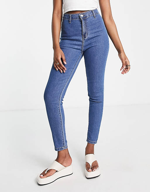 DTT Chloe high waisted disco stretch skinny jeans in mid wash blue 