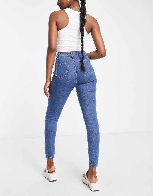 DTT Chloe high waisted disco stretch skinny jeans in mid wash blue