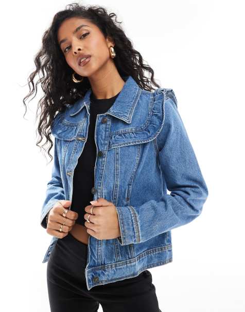 DTT Ciara denim jacket with frill detail in mid blue - view 1