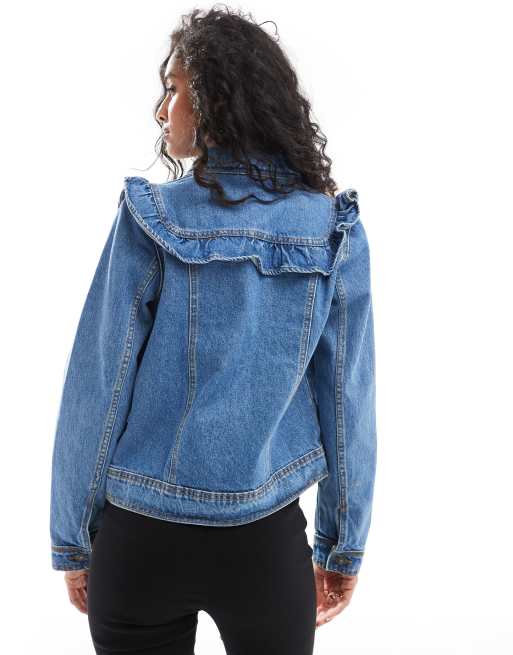 Denim jacket with frill shoulders best sale