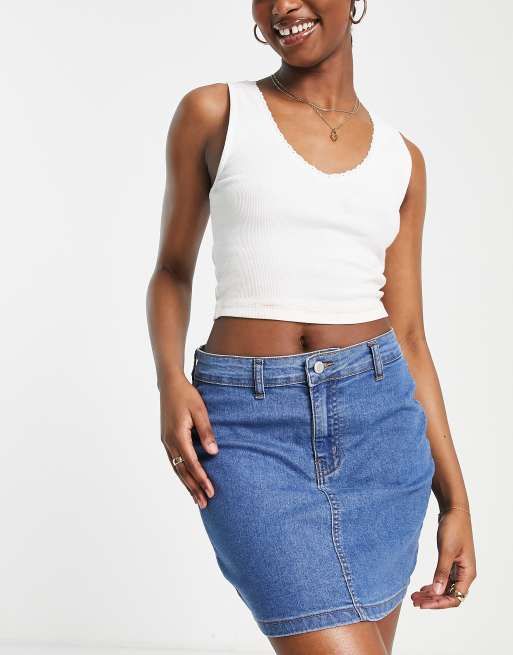 DTT Clara high waisted stretch denim skirt in mid blue | ASOS