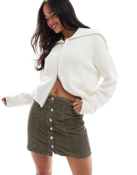 DTT cord button front mini skirt in khaki - view 1