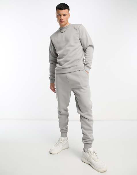 DTT crew neck sweatshirt & jogger tracksuit set in light grey marl - view 1