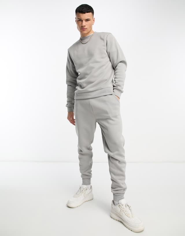 DTT crew neck sweatshirt & sweatpants tracksuit set in light gray heather