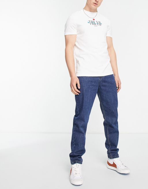 DTT straight fit jeans in mid stone wash blue, ASOS