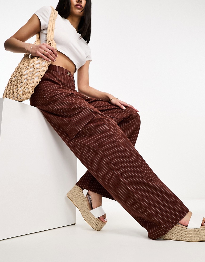 DTT Del high waisted cargo trousers in brown pinstripe