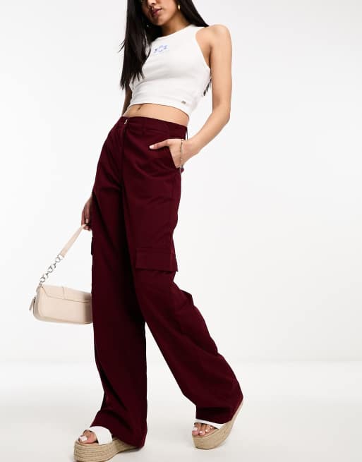 DTT Del high waisted cargo trousers in burgundy | ASOS