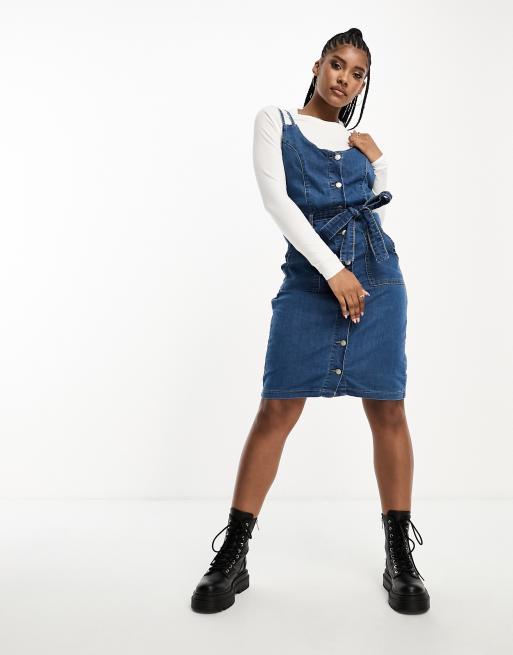 DTT denim buckle strap midi dress with tie waist in mid blue ASOS