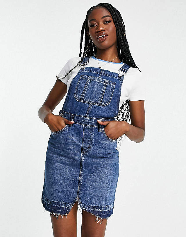 Don't Think Twice - DTT denim dungaree dress with raw hem in blue