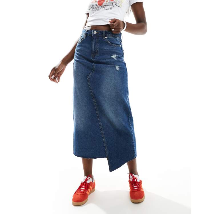 DTT Denim maxi rok met scheuren en onafgewerkte zoom in donkerblauw
