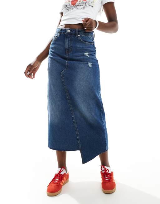 DTT - Denim maxi rok met scheuren en onafgewerkte zoom in donkerblauw