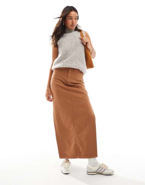 DTT - Denim maxi rok met split aan de zijkant in bruin - view 1