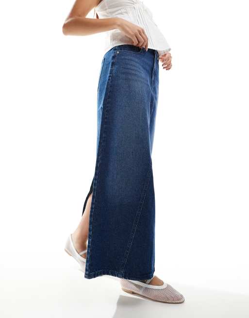 DTT denim maxi skirt in mid blue wash