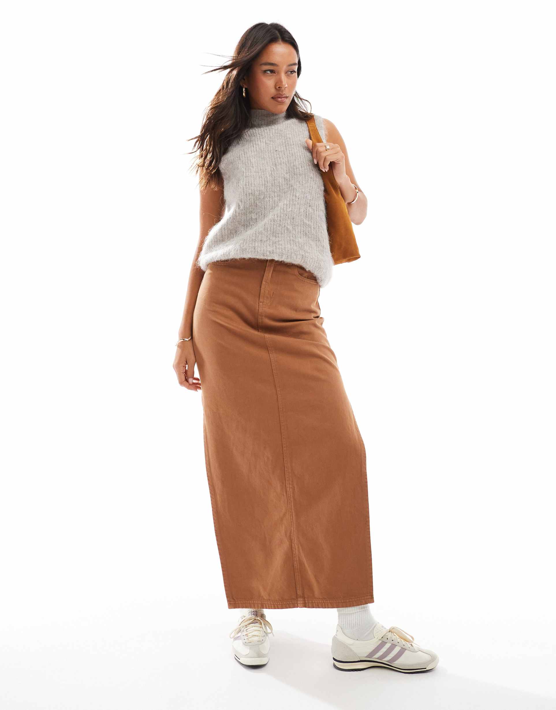 dtt denim maxi skirt with side split in tan