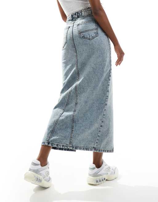 DTT - Denim midi rok met split aan de voorkant in lichtblauw met acid wash, 2 van 5