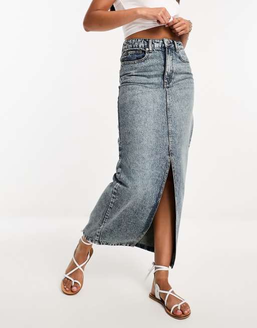 DTT denim midi skirt with front split in acid wash blue | ASOS