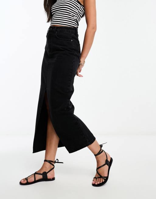 DTT denim midi skirt with front split in black