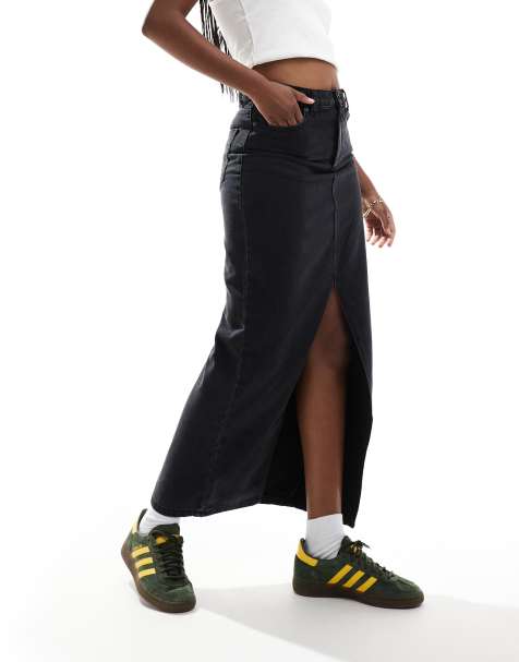 DTT denim midi skirt with front split in black - view 1