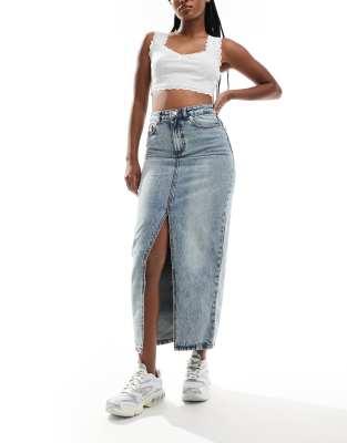 Don't Think Twice DTT denim midi skirt with front split in light blue acid wash