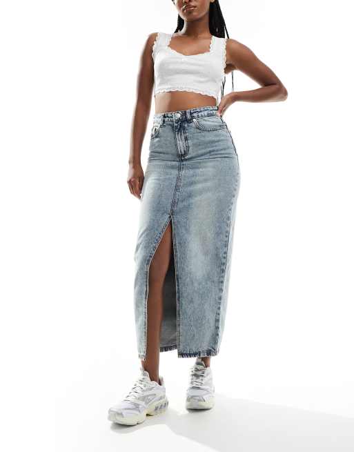 DTT denim midi skirt with front split in light blue acid wash | ASOS