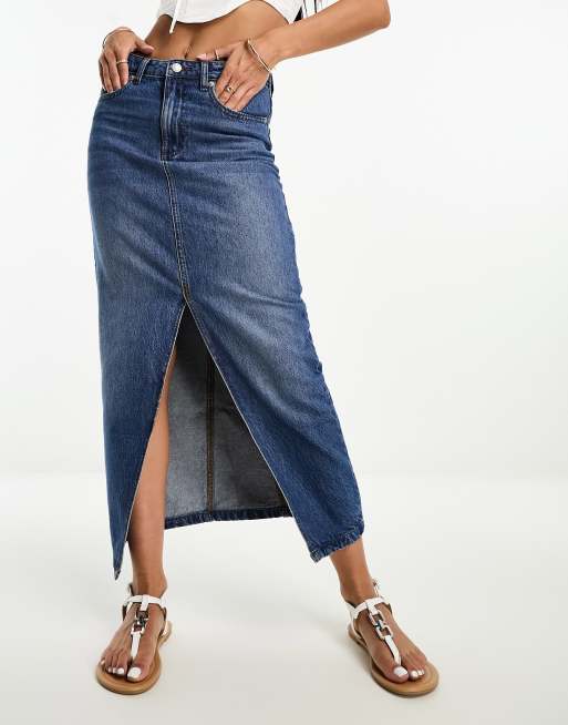 Women's Mid Blue High Waisted Split Front Denim Midi Skirt