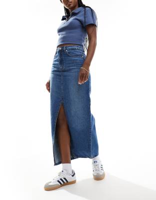 DTT denim midi skirt with front split in mid blue