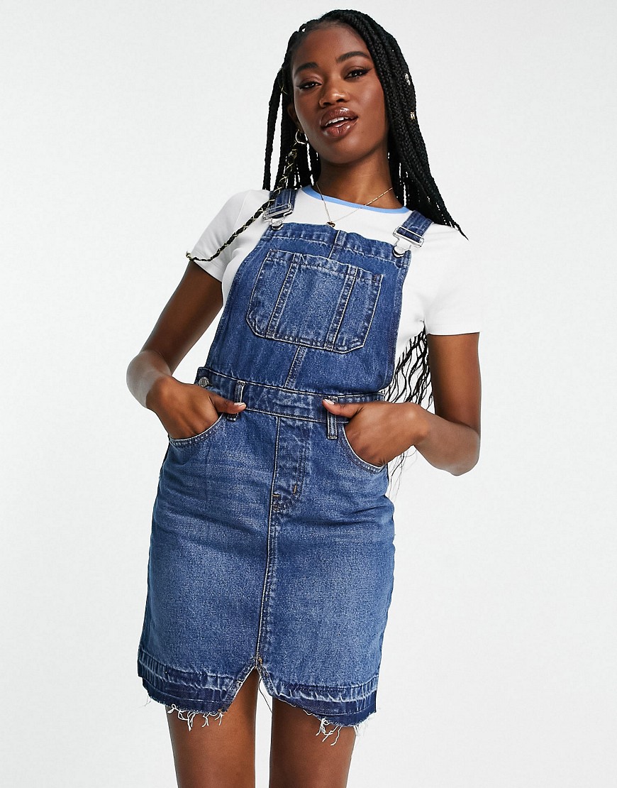 Don't Think Twice Dtt Denim Overall Dress With Raw Hem In Blue