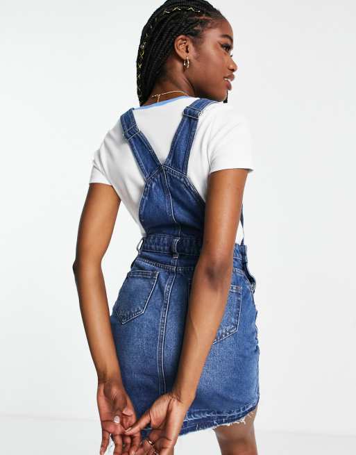 LABEL DENIM PINAFORE OVERALLS - Blue