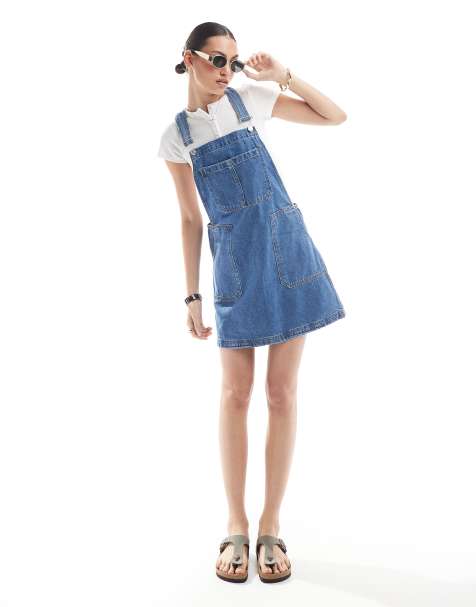 DTT denim pinafore dress with pockets in mid blue - view 1
