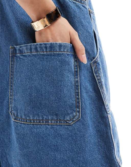 denim pinafore dress asos DTT denim pinafore dress with pockets in mid blue