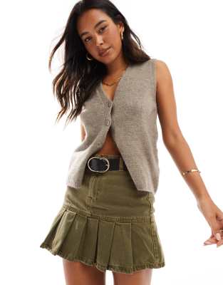Don't Think Twice DTT denim pleated mini skirt in khaki-Green