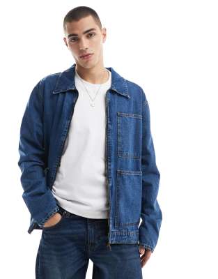 Don't Think Twice DTT denim short collar jacket in mid blue wash