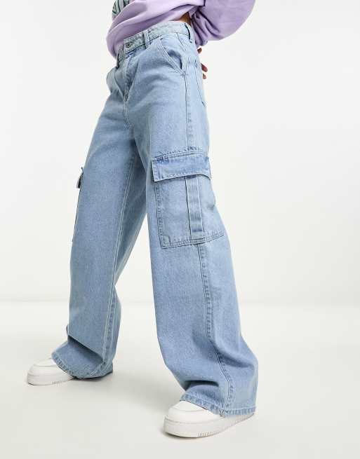 Don't think twice, Jeans, Dtt Tall Straight Leg Jeans With Cargo Pockets  In Light Blue