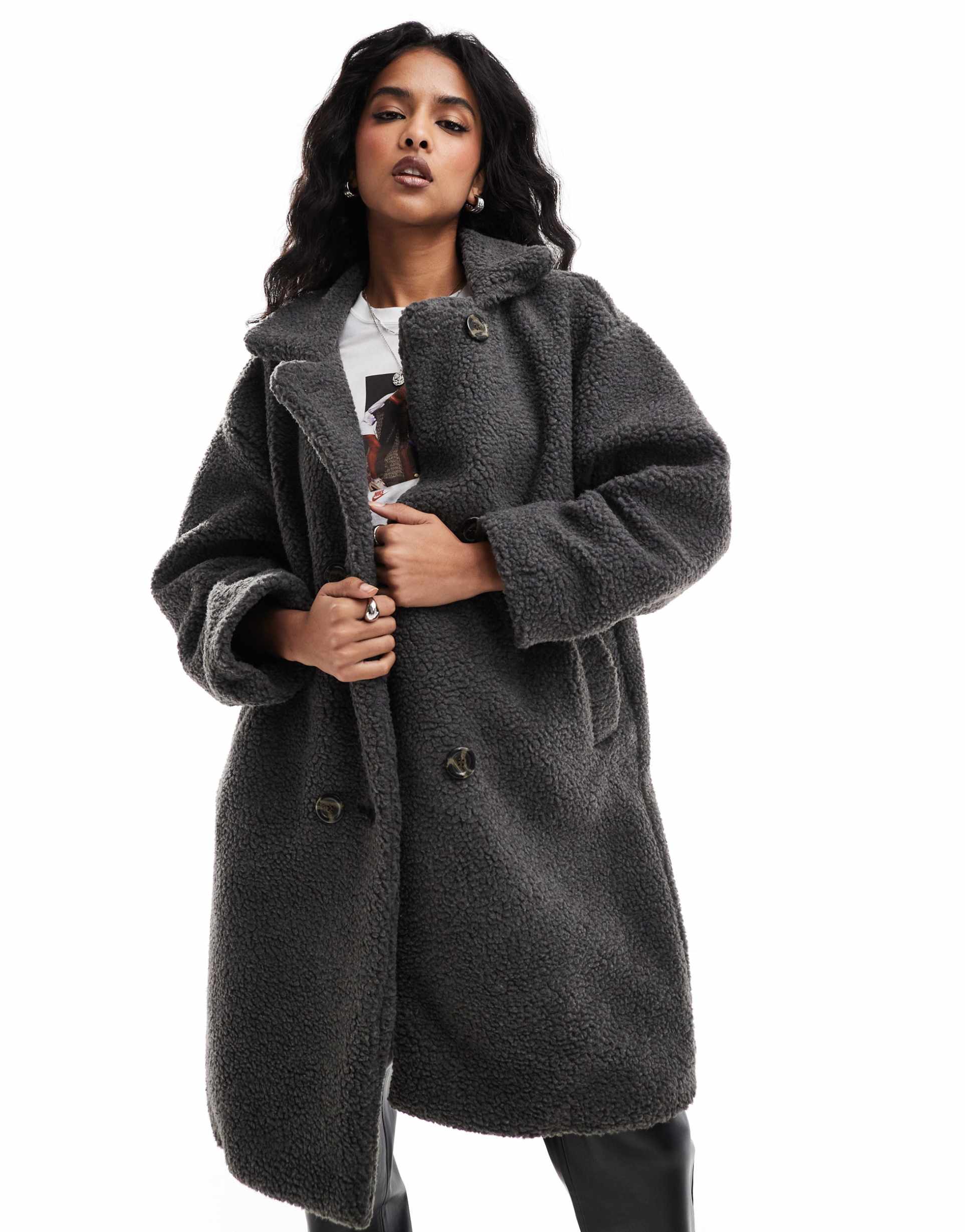 dtt double breasted borg jacket in charcoal gray