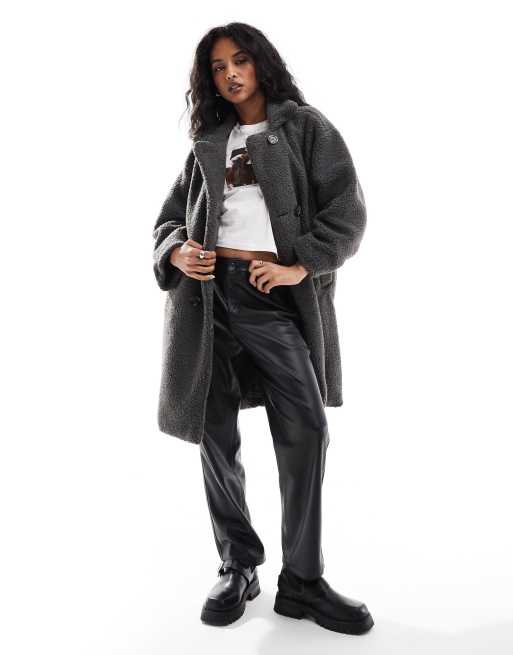 DTT longline double breasted borg jacket in charcoal grey