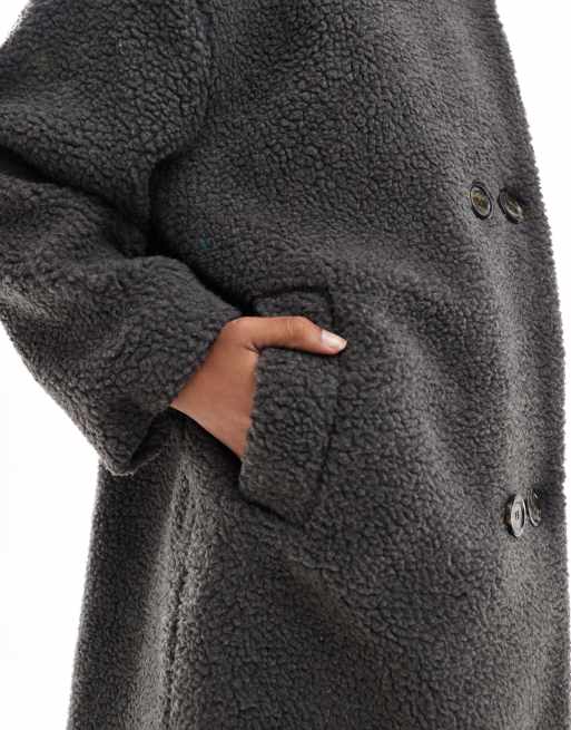 DTT longline double breasted borg jacket in charcoal grey