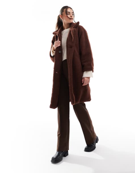 DTT double breasted borg jacket in chocolate brown - view 1