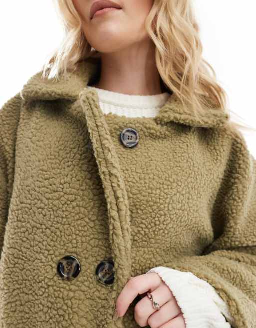 Dtt Double Breasted Borg Jacket In Khaki Asos