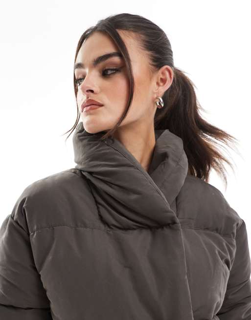 DTT double breasted puffer jacket in dark grey ASOS