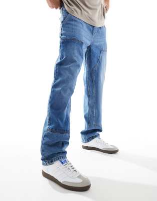 Shop Don't Think Twice Dtt Elastic Waist Contrast Panel Rigid Baggy Fit Jeans In Mid Blue