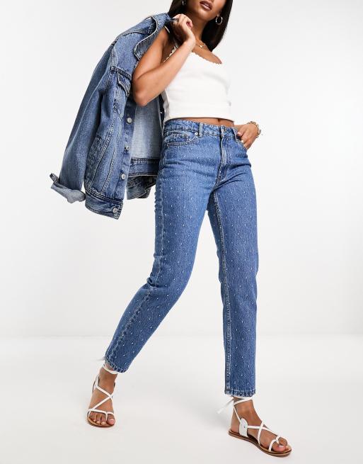 DTT embroidered dot mom jeans in mid blue