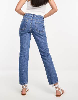 DTT Tall embroidered dot mom jeans in mid blue, ASOS in 2023