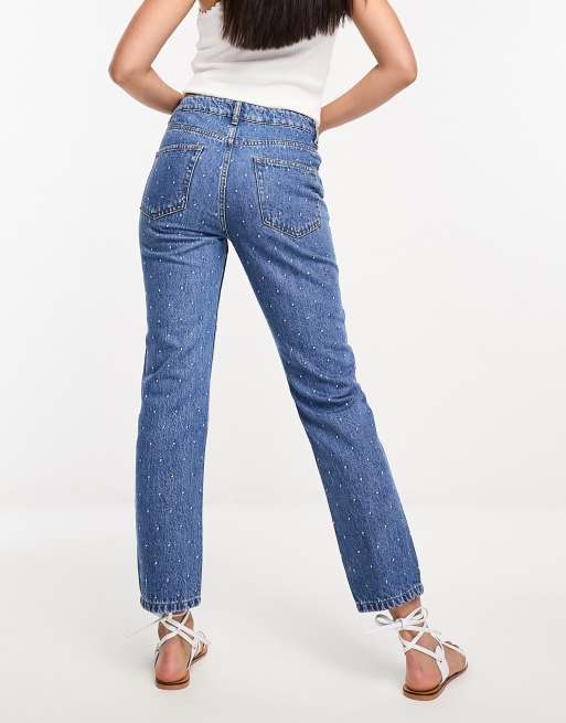 Vila Rhinestone Jeans in Medium Blue Wash