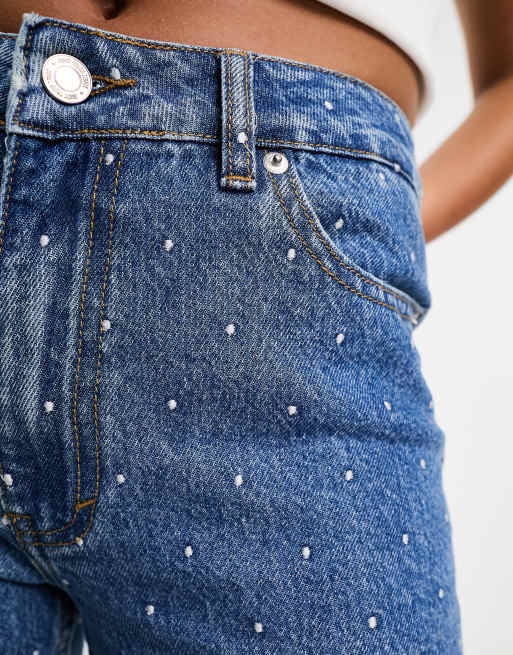 DTT Tall embroidered dot mom jeans in mid blue, ASOS in 2023