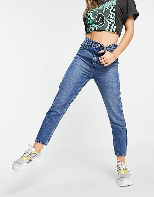 DTT Emma super high waisted mom jeans in mid wash blue 