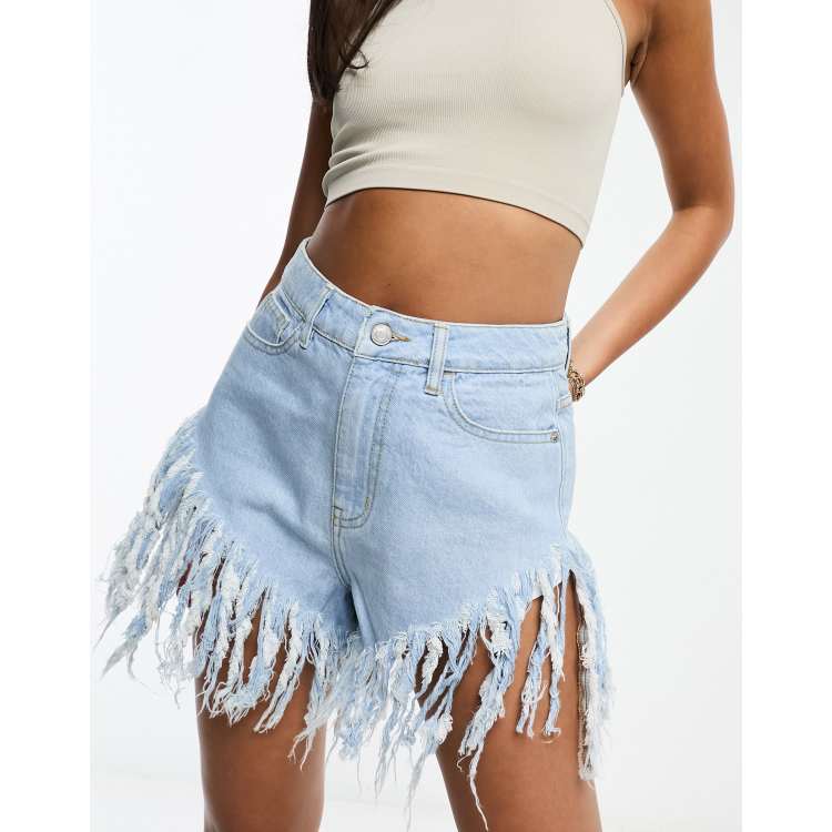 Dream Warriors Blue Denim and White Lace Cut off Booty Shorts. Low Rise,  Lace-up, Studded, Tassel. Rave Edm Rock Chic Style Festival Fashion 