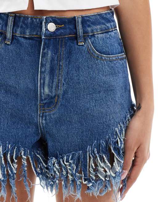 DTT extreme frayed festival denim shorts in mid blue, 5 of 5