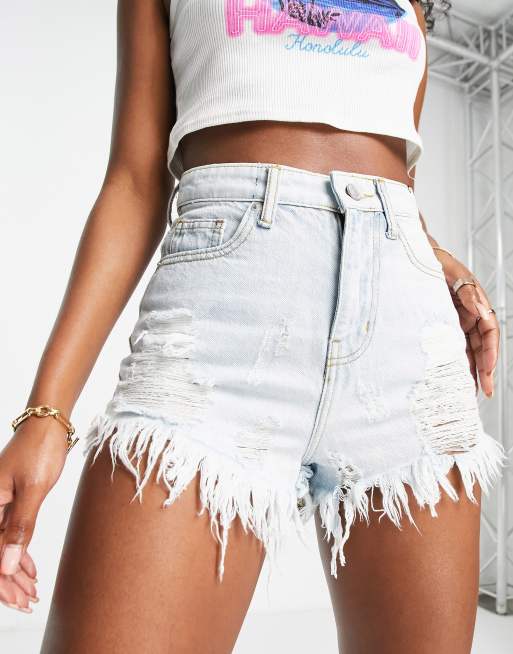 Mid Wash Extreme Thigh Rip Denim Short