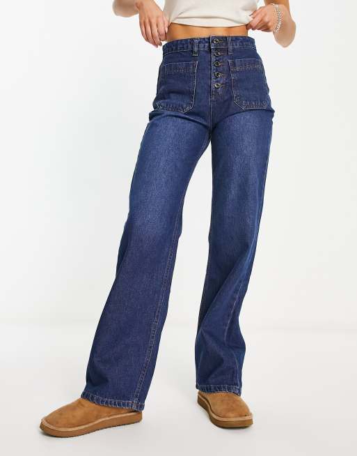 DTT Fern staright leg jeans with button front in blue | ASOS